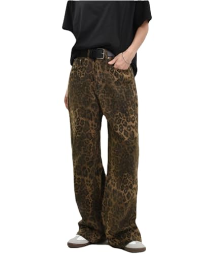 Y2K Leopard Jeans for Women and Men - Baggy Unisex Cheetah Print Straight Leg Denim with Pockets, Casual Streetwear