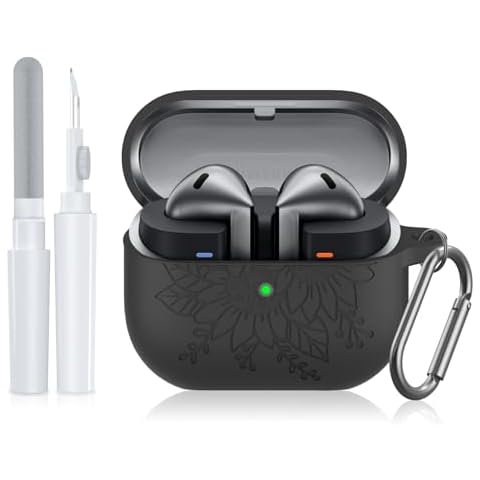 POZCIS for Samsung Galaxy Buds 3 Case & Galaxy Buds 3 Pro Case with Cleaner Kit, Premium Silicone Headphones Case with Carabiner Accessories Set, Sunflower Design for Men Women(Black) Cover