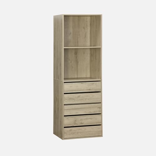 Alice's Home - Module Dressing avec 5 tiroirs et 2 étagères. Naturel. Panneaux stratifiés