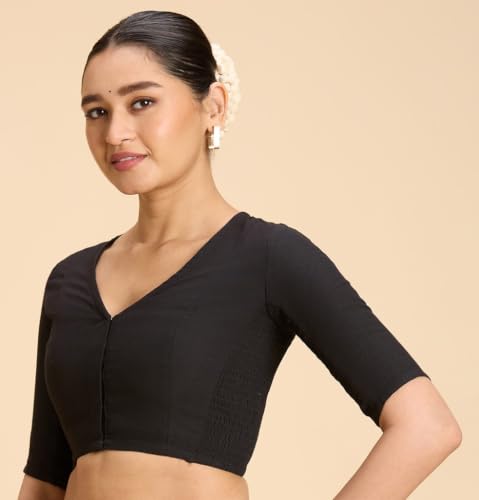 Image of Studio Shringaar Women's Thick Handloom Cotton Plain Side Stretch (Smocked) Readymade Saree Blouse