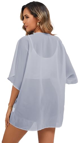 Image of FINOCEANS Womens Floral Chiffon Kimono Cardigans Loose Beach Cover Up Half Sleeve Tops
