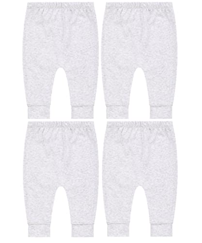Image of Pack of 4 Baby Jogger Pants - Soft Cotton Pants for Boys and Girls - Unisex Cute Color Designs for Infants(Grey Pure, Newborn)