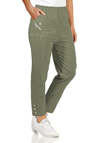 URBAN STITCH Trouser for Women UK Khaki Casual Full Length Elasticated High Waist Pants with Stretch Light Weight Summer Straight fit Ladies Bottoms (12, Khaki)