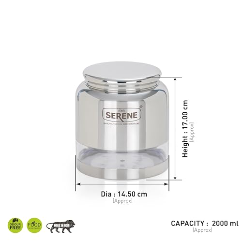 Image of Serene Stainless Steel Exotic See-Through Jar | Airtight Jars for Kitchen Storage | Premium Steel Jars with One Turn Lock Lid | Transparent Stainless Steel Containers | 2000ML | 1 PC