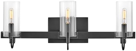 Hinkley 58063BK Ryden Three Light Bath Vanity Fixture, Modern Transitional Style, Heavy Cast Prongs, Open Clear Cylindrical Shades, in Black