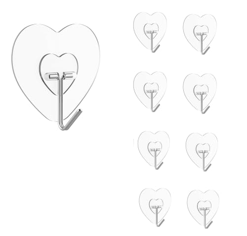 Image of 10 PCS Adhesive Hook for Hanging Heart Love Shape Heavy Duty Waterproof Transparent Sticky Hooks No Drill Nail Free Utility Wall Hangers for Kitchen Bathroom Bedroom Keys Towels
