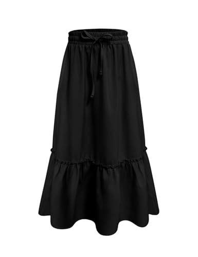Image of Girls High Waisted Ruffle Maxi Skirt Soft Cotton Long Skirts with Elastic Waistband for Kid Girl 3-12 Years
