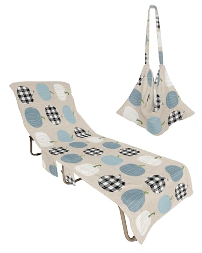 Bleu Pumpkins Fall Beach Lounge Chair Towel Cover, Soft Chaise Lounge Towel with Side Pockets Patio Pool Chairs Cover for Beach/Pool Sunbathing 29x85 Thanksgiving Black White Plaid Pumpkin