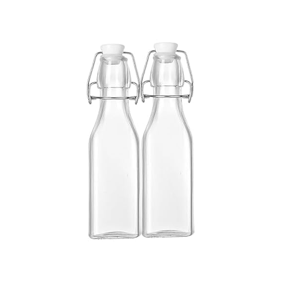 Image of Clear Glass Bottles with Airtight Swing Top Lids - Leakproof Reusable Glass Jars for Juice, Oil, Water, Milk, Kombucha, Vinegar, Beverages - Square, Pack of 2
