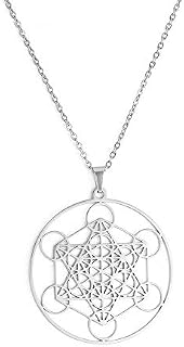 TEAMER Metatron Cube Necklace Sacred Geometry Pendant Seals of Archangel Angel Necklace Stainless Steel Jewellelry