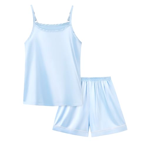 Weixinbuy Girls Pajamas Silk PJS Set Sleeveless Pajama Tank Elastic Waist Shorts Sleepwear Kids Summer Nightwear Clothes Set