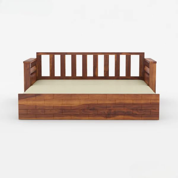 Image of Sheesham Wooden Sofa Cum Bed for Living Room with Side Pocket Storage - 3 Seater Sofa Cum Bed with Storage - 3 Person Sofa Cuma Bed Wooden with Premium Cushion Seating (Honey Finish)