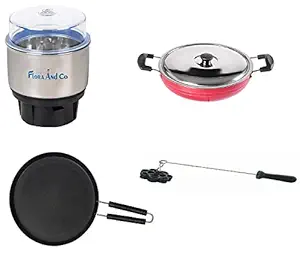 FLORA AND CO Non Stick Deep Kadhai with Stainless Steel Lid, Aluminium Flat 3mm Tawa for Roti & Chutney Mixer Jar 400ML with Rose Cookie Maker