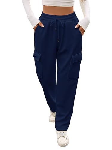 YloveM Pantalones de Chándal Térmicos Mujer Invierno Cintura Alta Elástica con Cordón Ajustable Bolsillos y Estilo Casual Bleumarine M