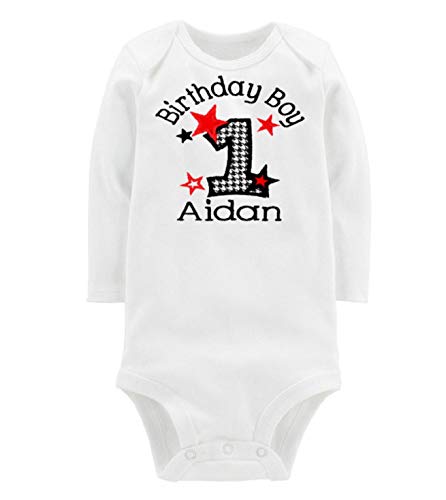Embroidered First Birthday Outfit Bodysuit for Baby Boy Personalized with Your Baby Custom Name (12 Months Short Sleeve, Black Houdstooth