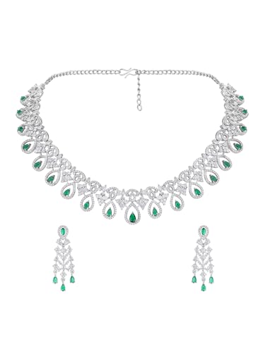 Image of ASMITTA Jewellery Green Stone Jewellery Set for Women American Diamond Necklace Set & Green Earrings for Women Stylish
