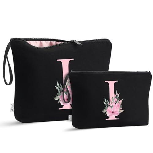 Image of Vavabox A-Z Personalized Makeup Bag, Birthday Gifts for Women Mom, Gifts for Best Friend, Bride Bridesmaid Cosmetic bag (I, 04-Black Set)