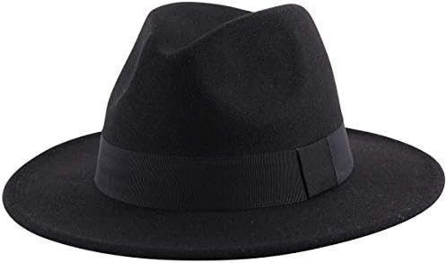 Lanzom Women Wide Brim Warm Wool Fedora Hat Retro Style Belt Panama Hat (Black, One Size)