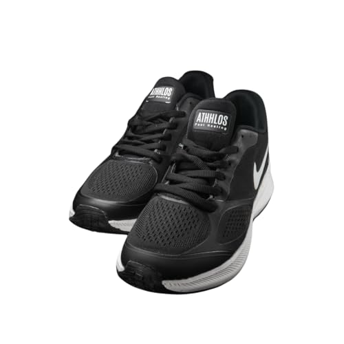 Image of Athletic Running Shoes, Breathable Mesh, Black and White, Cushioned Sole