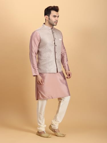 Image of Ethluxis Men Silk Blend Kurta Jacket Set with Mandarin Collar