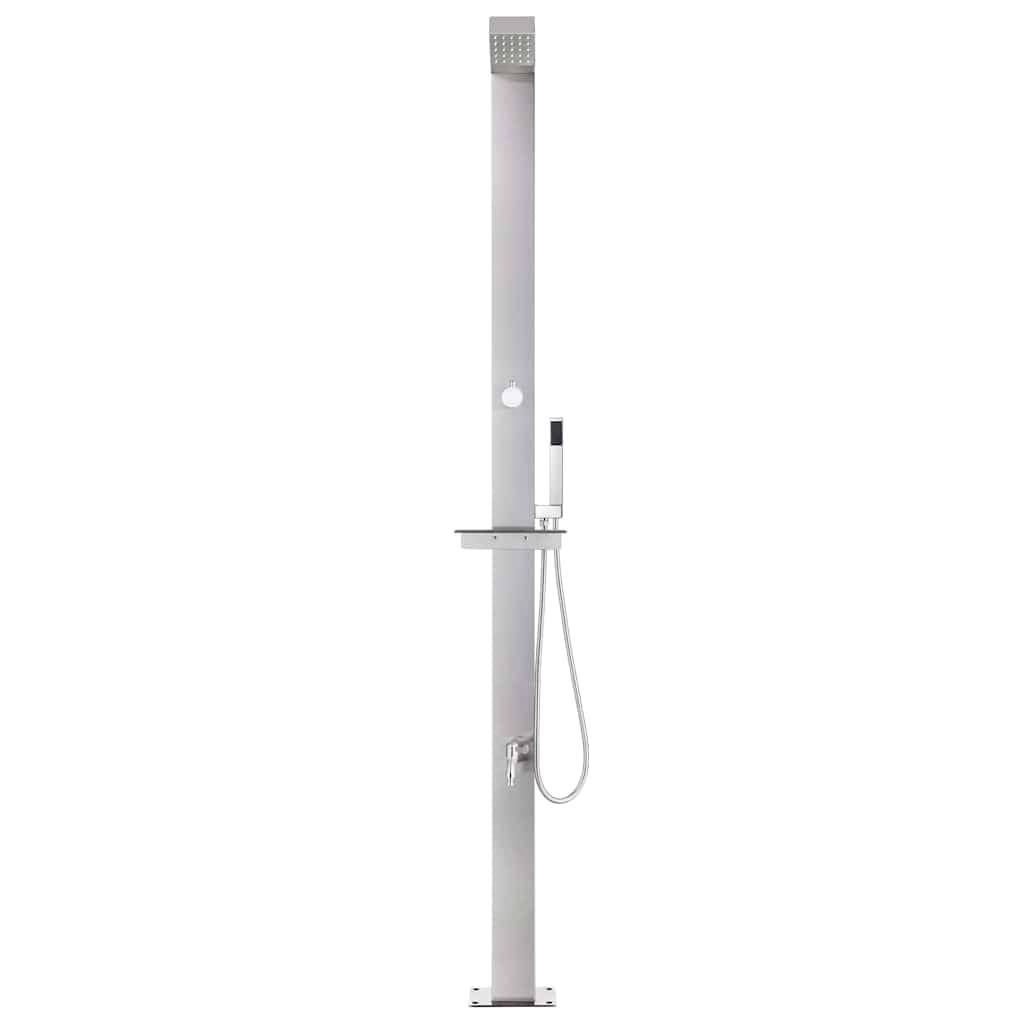 Ducha de jardín de acero inoxidable con base de WPC marrón, 225 cm de alto, incluye ducha de mano, grifo de lavado de pies y ducha de cabeza, ideal para jardín, piscina y terraza, resistente