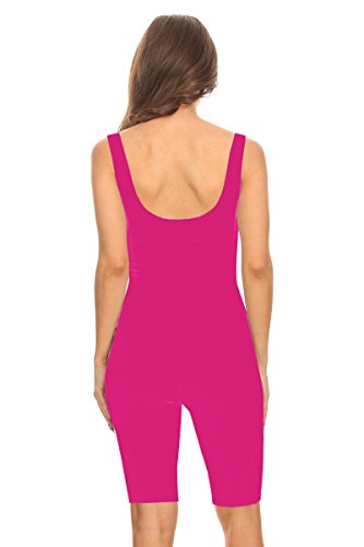 Women Sleeveless Stretch Skinny Solid Knee Length Sport Unitard Bodysuits Active (Small, HotPink)