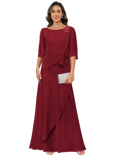Chiffon Mother of The Bride Dresses for Women 3/4 Sleeve Lace Long Formal Evening Gown