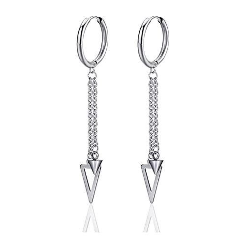 Punk Stainless Steel Tube Circle Hoop Earrings Triangle Tassel Chain Dangle Earrings,2PCS