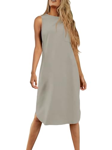 Image of Dyexces Summer Dress for Women Crew Neck Short Sleeve Solid Basic T-Shirts Casual Midi Dresses with Pocket