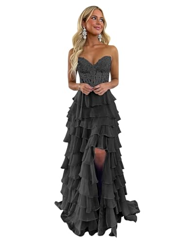 Wirunsy Lace Strapless Corset Prom Dresses for Women 2025 Long Tiered Ruffle  Chiffon Beaded Formal Evening Dress with Slit Black Size US0 at Amazon  Women's Clothing store