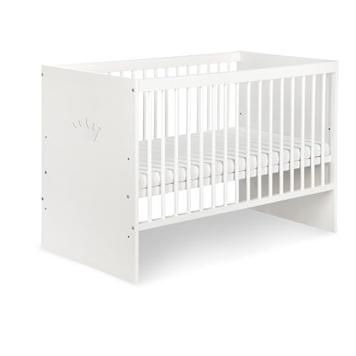 KMbaby Cuna de 120 x 60 cm con colchón blanco con corona blanca y natural, cuna con somier, 3 niveles de altura ajustable, madera de pino lacada Tany-Kor