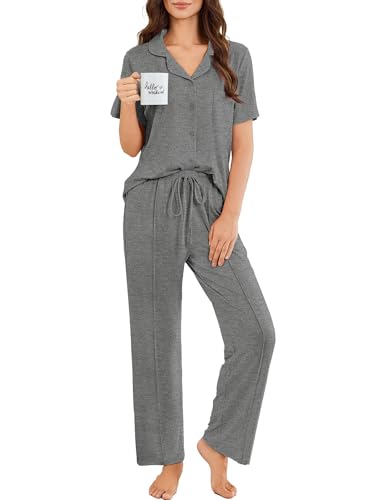 Ekouaer Pajamas for Women Set Button Up Sleepswear 2 Piece Short Sleeve PJ Top and Long Pants Loungwear With Pocket Dark Gray L