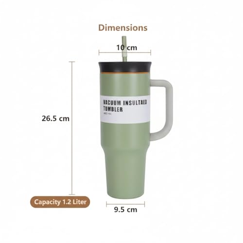 Image of HomeCloud 1200ml Insulated Coffee Tumbler with Lid - Double Wall Travel Mug for Hot & Cold Drinks, Leak-Proof, Durable, Portable, Stylish Stainless Steel Design (Light Green)