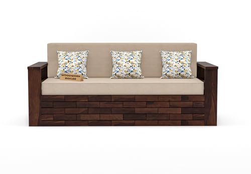 Image of Solid Sheesham Wooden Sofa Cums Bed with Mattresses for Living Room|Rosewood 3-Person Sofa Cums Bed for Bedroom Without Pillow (H-Walnut Finish)