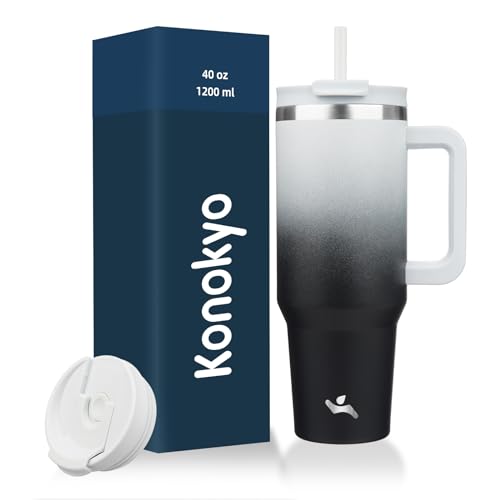 Image of Konokyo 40 oz Insulated Tumbler Water Bottle with Handle, Straw Lid | BPA-free and dishwasher safe; made for gym, travel, coffee and gifting, 2 straws, cup holder friendly,Day Night