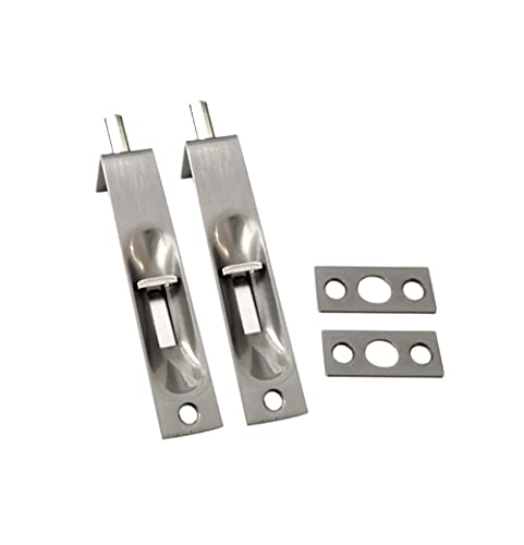 QCAA Solid Brass Door Flush Bolt, 4", with Square End, Brushed Nickel, 2 Pack, Made in Taiwan