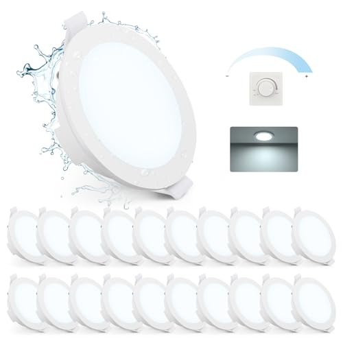 Gr4tec Downlight LED Techo Empotrable IP65, Pack 20 Foco LED Empotrable Regulable Blanco Frio 6500K 6W 400LM, Ojos de Buey LED Agujero 68-80mm, 35MM Extraplano, Foco LED Interior Para Cocina Baño