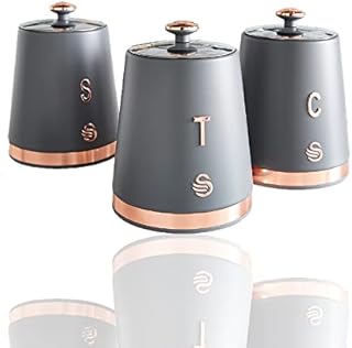 GBS Set Of 3 Kitchen Storage Containers With Lids Airtight- Durable, Carbon Steel- Tea Coffee And Sugar Canisters Set- Large Storage Capacity (Grey And Rose Gold)