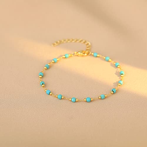 Image of Womens Dainty Gold Chain Bracelet,Simple Layered Chain Bracelets,Beaded Turquoise Bracelet,Charm Crystal Bar,Heart,Karma,Triangle,Pearl Bracelets for Women