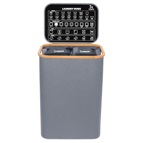 THRYZZLE Laundry Basket with Lid - 100L Large Slim Wash Baskets Laundry Storage Bin for Bedroom, Bathroom Corner & Dorm - Collapsible Laundry Hamper with Dirty Clothes Bag - Grey