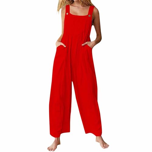 Peto de verano para mujer, mono ligero para mujer, de verano, holgado, de lino, pantalones de trabajo, sin mangas, mono con bolsillos, mono de una pieza, mono monocolor, cómodo pantalón de lino
