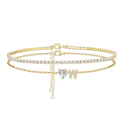 Image of Gold Initial Ankle Bracelets for Women 14K Gold Plated CZ heart Tennis Anklets for Women Waterproof Layered Adjustable Letter Anklets Large Ankle Summer Beach Foot Jewelry