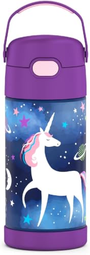 Image of THERMOS FUNTAINER Water Bottle with Straw - Kids Stainless Steel Vacuum Insulated Water Bottle with Lid, Space Unicorn, 12 Ounces (Pack of 6)