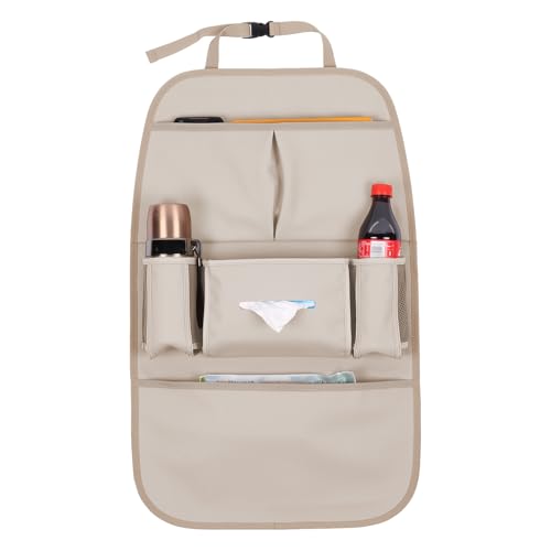 Image of pefirst Car Backseat Organizer for Kids, Car Back Seat Storage Bag With 3 Pockets, 2 Drinks Holders, Water Resistant, Kids Toy Storage Kick Mat Back Seat Protector for Toddlers (Beige 1-Pack)
