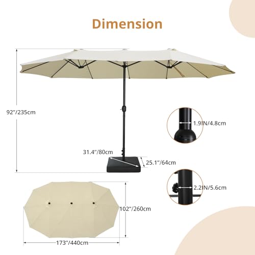 VOWNER Sonnenschirm Doppelseitiger, 4,4mx2,6m, Rechteckig Sonnenschirm mit Kurbel, Sommer Schirm Rechteckig Gartenschirm UV-Schutz, für Terrasse, Garten, Pool, Beige, mit Sonnenschirmhalter + Base