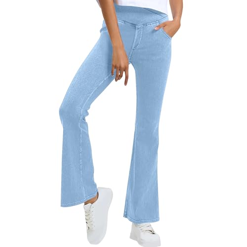 Bell Bottom Jeans for Women High Waisted Stretchy Flare Jeans Pull On Wide Leg Jean V Cross Tummy Control Flare Pants