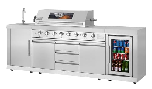 Image of KoolMore Reserve Outdoor Kitchen Island with 6 Burner Grill and a Side Burner, Sink, Storage Cabinet and Beverage Refrigerator, CSA Listed in Stainless-Steel