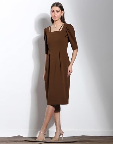 Image of Selvia Brown Puff Sleeve Square Neck Bodycon Dress