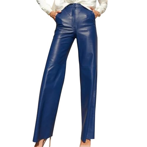 Oplxuo Women's Pu Leather Pants, High Waist Faux Leather Straight Pants, Wide Leg Leather Leggings Bell Bottom Flare Pants