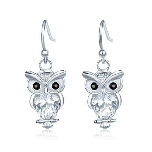 Daity Rhinestone Owl Dangle Earrings for Women Animal Owl Drop Earrings Boho Jewelry-Silver